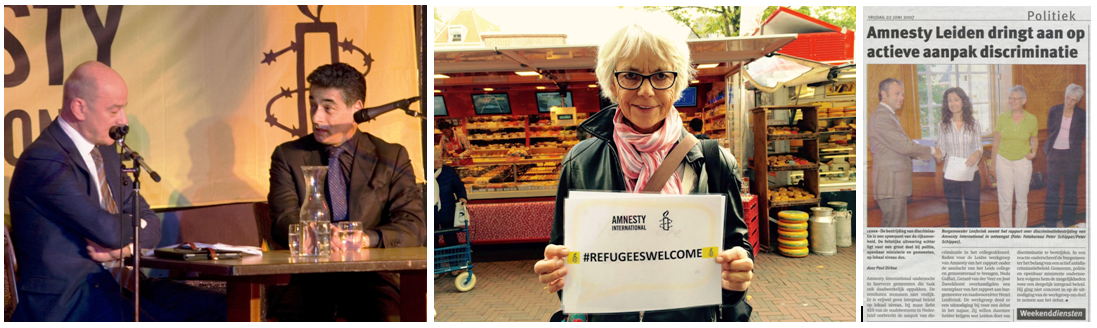V.l.n.r: (1) najaar 2012: Ton van Brussel interviewt advocaat Gerard Spong tijdens een Leidse Amnesty Rights Talk; (2) september 2015: actie #RefugeesWelcome op Stadhuisplein en zaterdagmarkt (3) 2007: overhandiging van Amnesty-rapport met tips voor een beter gemeentelijk antidiscriminatiebeleid, later gevolgd door een door Amnesty Leiden georganiseerd debat met B&W en een reeks stakeholders